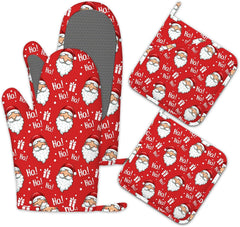 Santa Claus Oven Gloves Heat Resistant,Christmas Oven Mitts and Pot Holder Kitchen Non-Slip Silicone Cooking Microwave Gloves for Cooking Baking Grilling