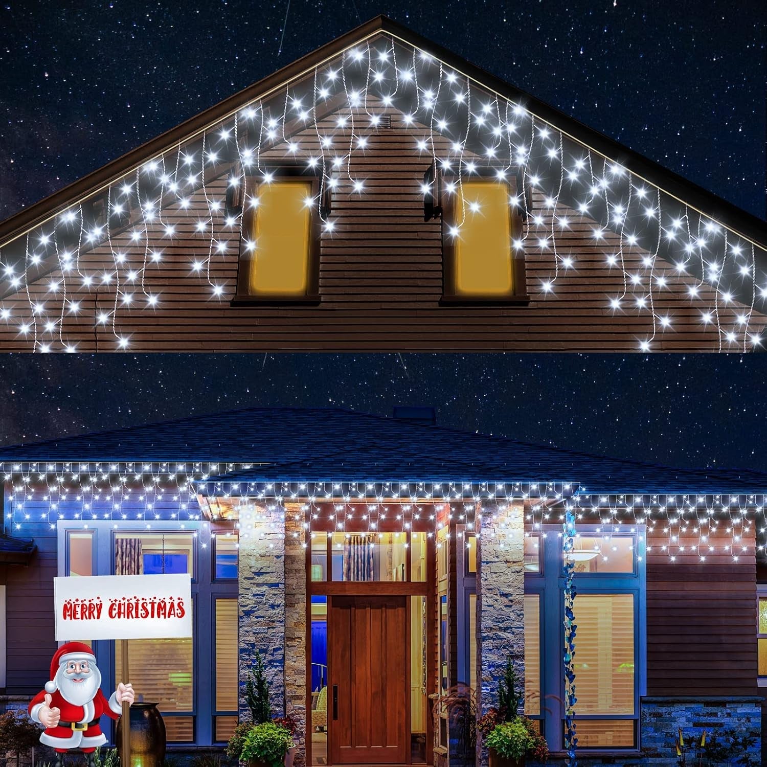 Icicle Lights Outdoor, 15M 360Leds Icicle Christmas Lights Mains Powered with Timer & Waterproof &Memory Hanging Fairy Light for outside House Gutter Roof Wall Xmas Decorations-Cool White