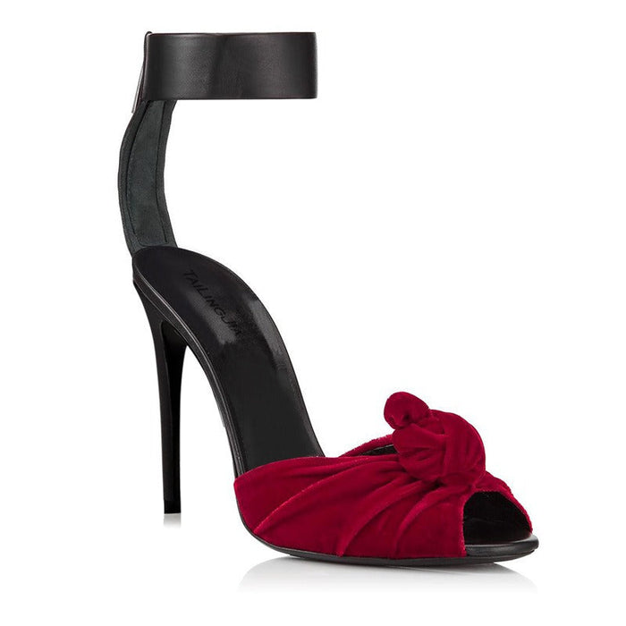 Womens Red Black Velvet Knotted High Heels Sandals