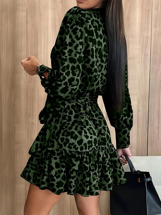 Women's long sleeved bubble sleeve V-neck lace up printed dress