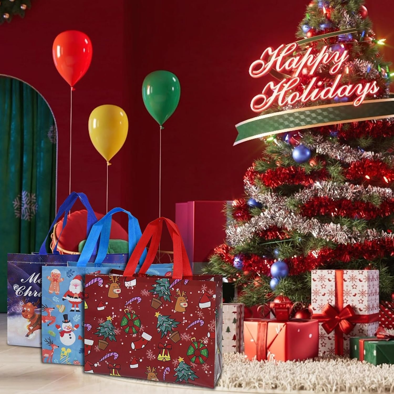 Christmas Tote Bags, Reusable Grocery Tote Bags with Handle, Gift Present Bags for Holiday Xmas Event Party（12 Pack）