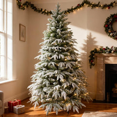 7Ft/2.1M Pre-Lit Artificial Christmas Tree Lapland Fir - 320 LED Warm White Lights, Snow Flocked 1205 PE/PVC Tips, Snowy Bushy Hinged Branches, Metal Stand for Xmas Home Decorations
