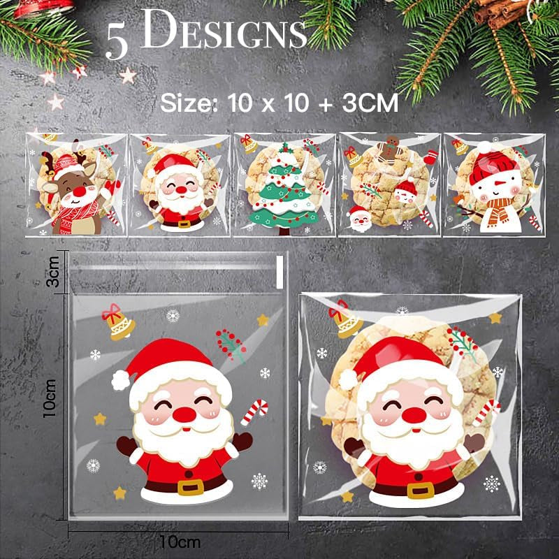 200 Piece Christmas Cookie Bags - Self Adhesive Clear Xmas Candy & Treat Bags for Parties & Goodies