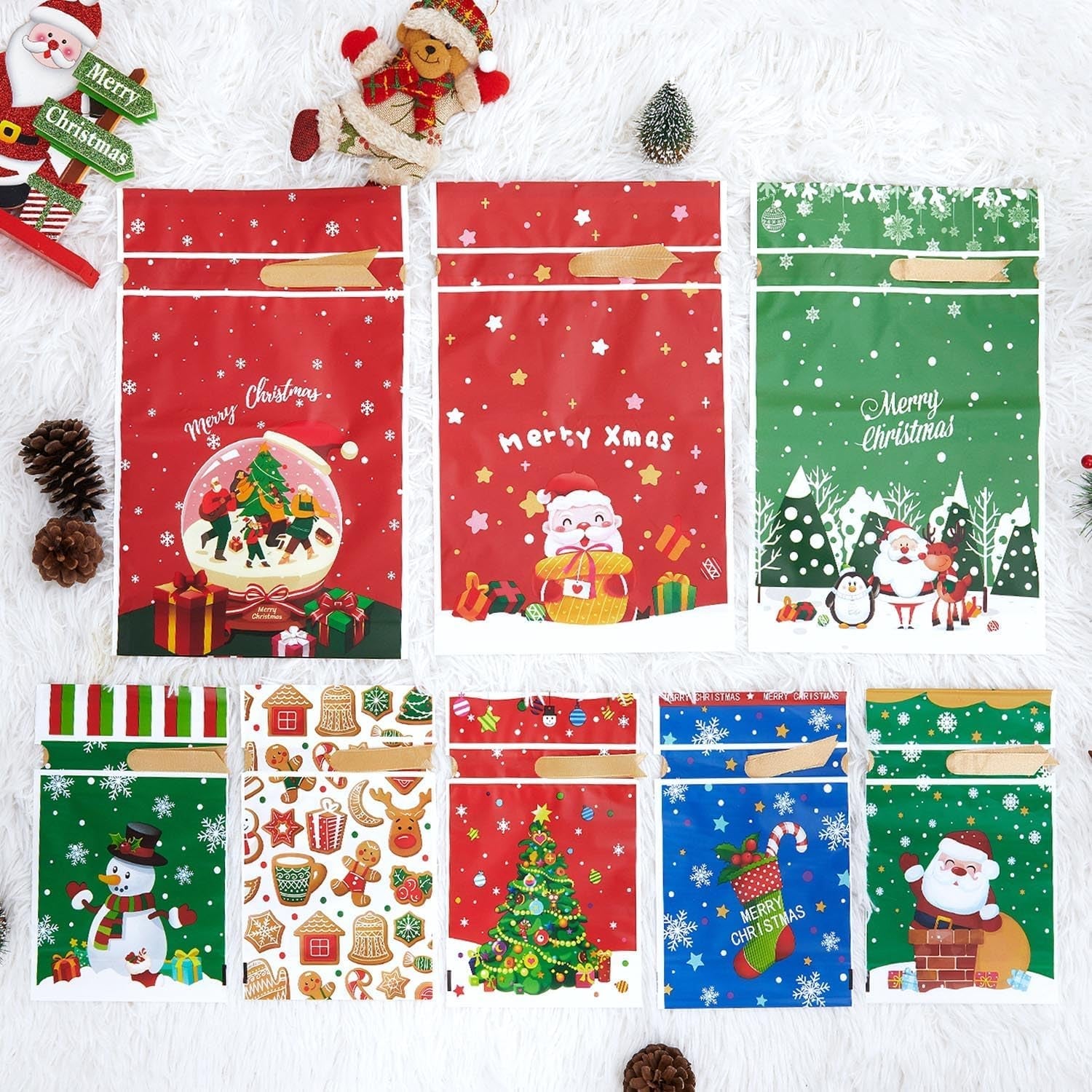 Christmas Drawstring Bags Set - 36 PCS Assorted Xmas Gift Bags in Multipack, Variety of Sizes & Patterns for Christmas Presents & Party