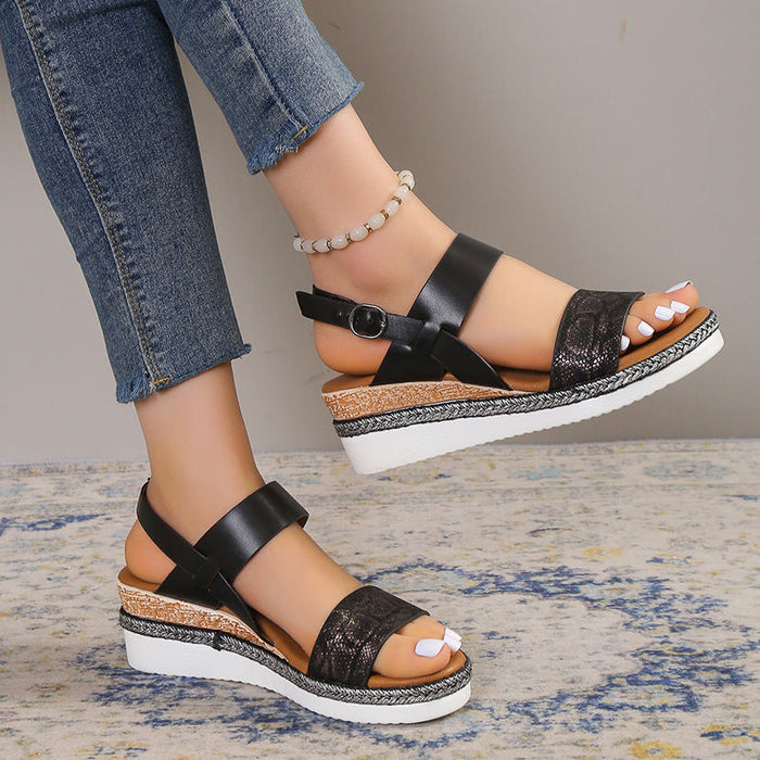 Spring And Summer New Wedge Round Toe Wide Strap Sandals For Women