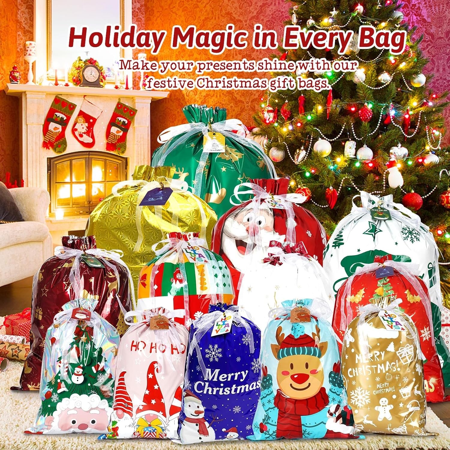 38 PCS Christmas Drawstring Gift Bags - Xmas Wrapping Bags