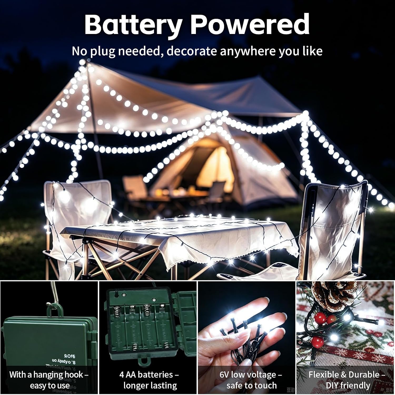 Battery Fairy Lights, 20M 200 Leds Cool White Christmas Lights