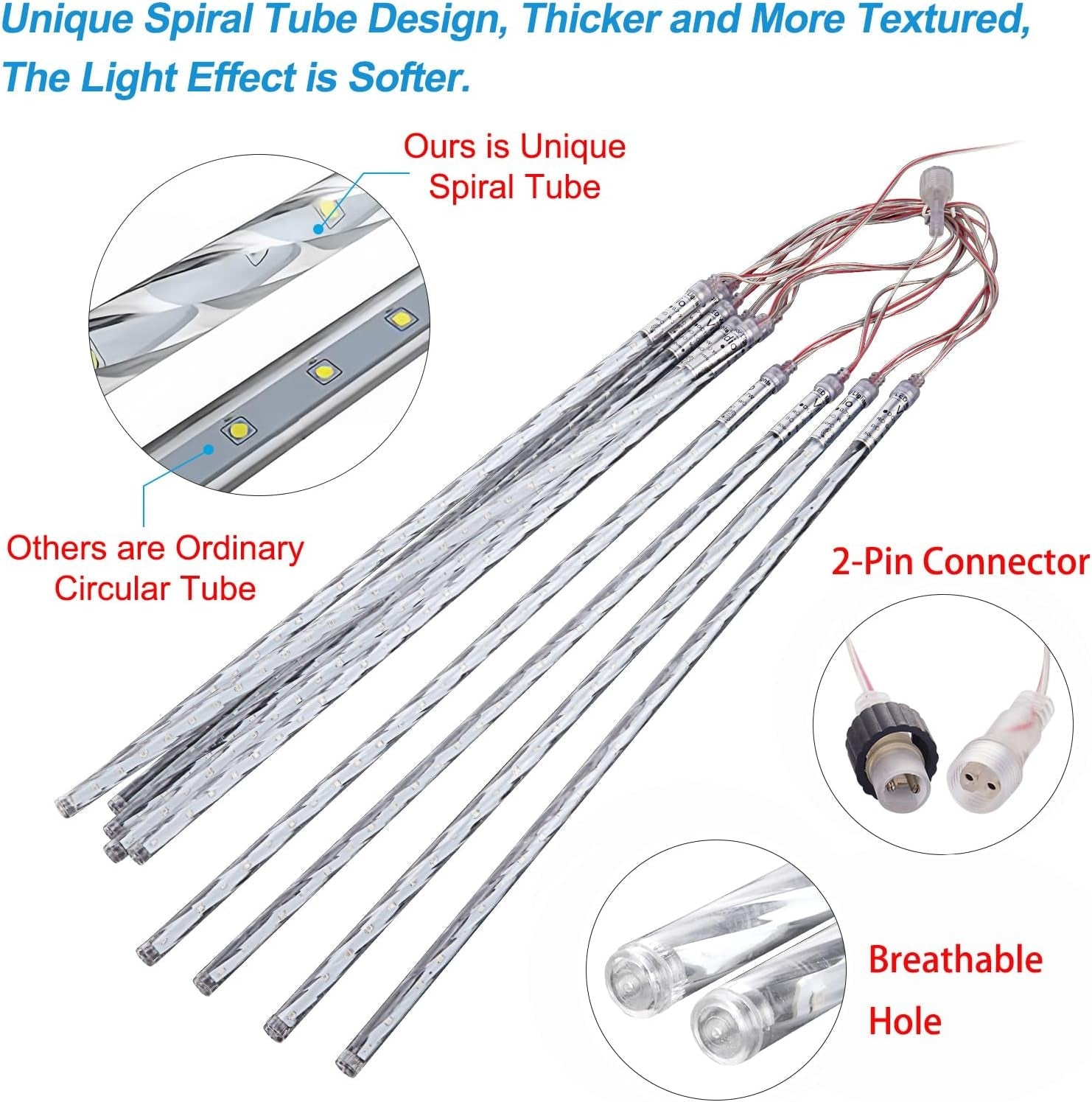 Christmas Lights Outdoor, Meteor Shower Lights 30Cm/12Inch 10 Spiral Tubes
