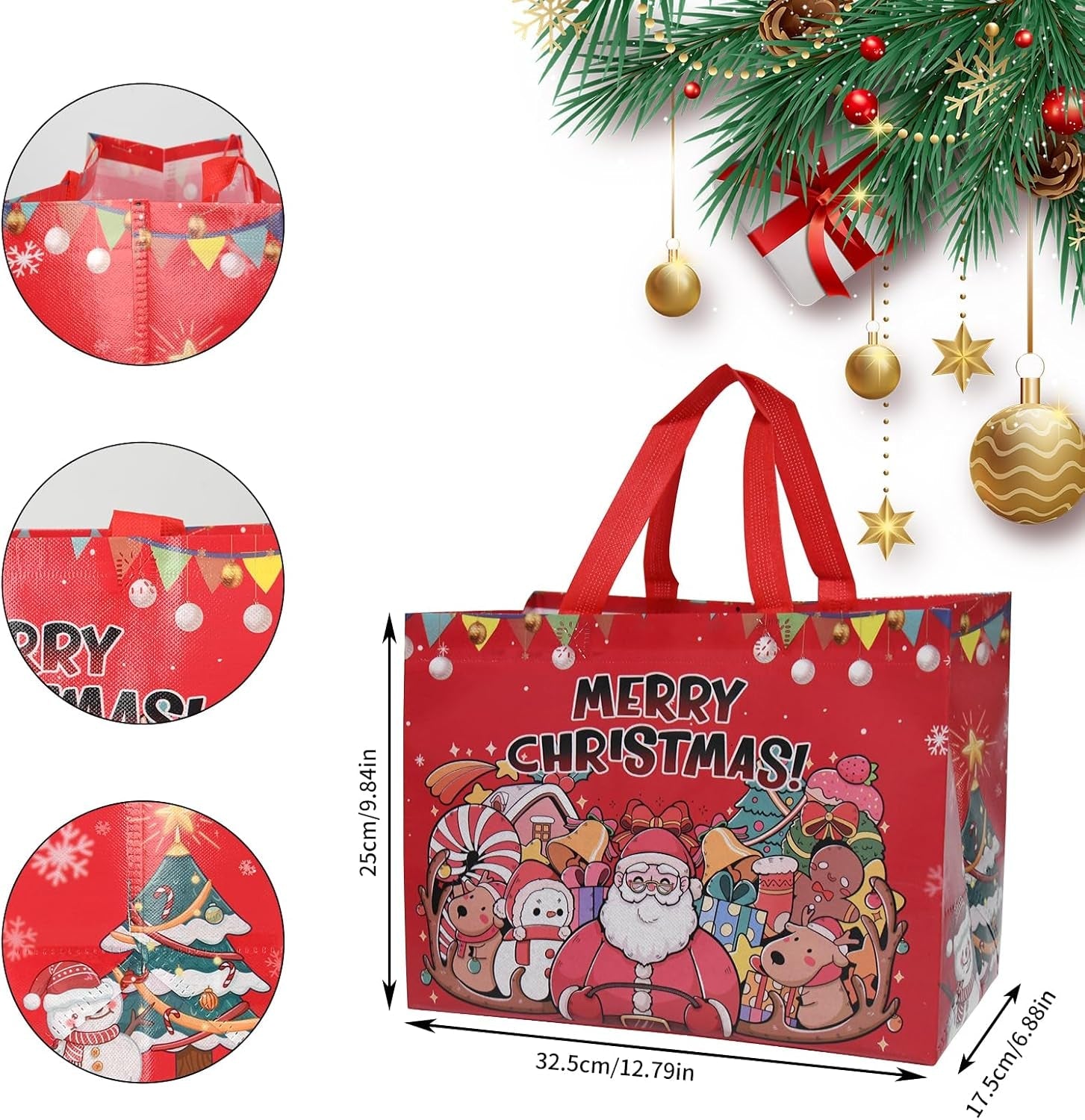 Christmas Tote Bags, Reusable Grocery Tote Bags with Handle, Gift Present Bags for Holiday Xmas Event Party（12 Pack）