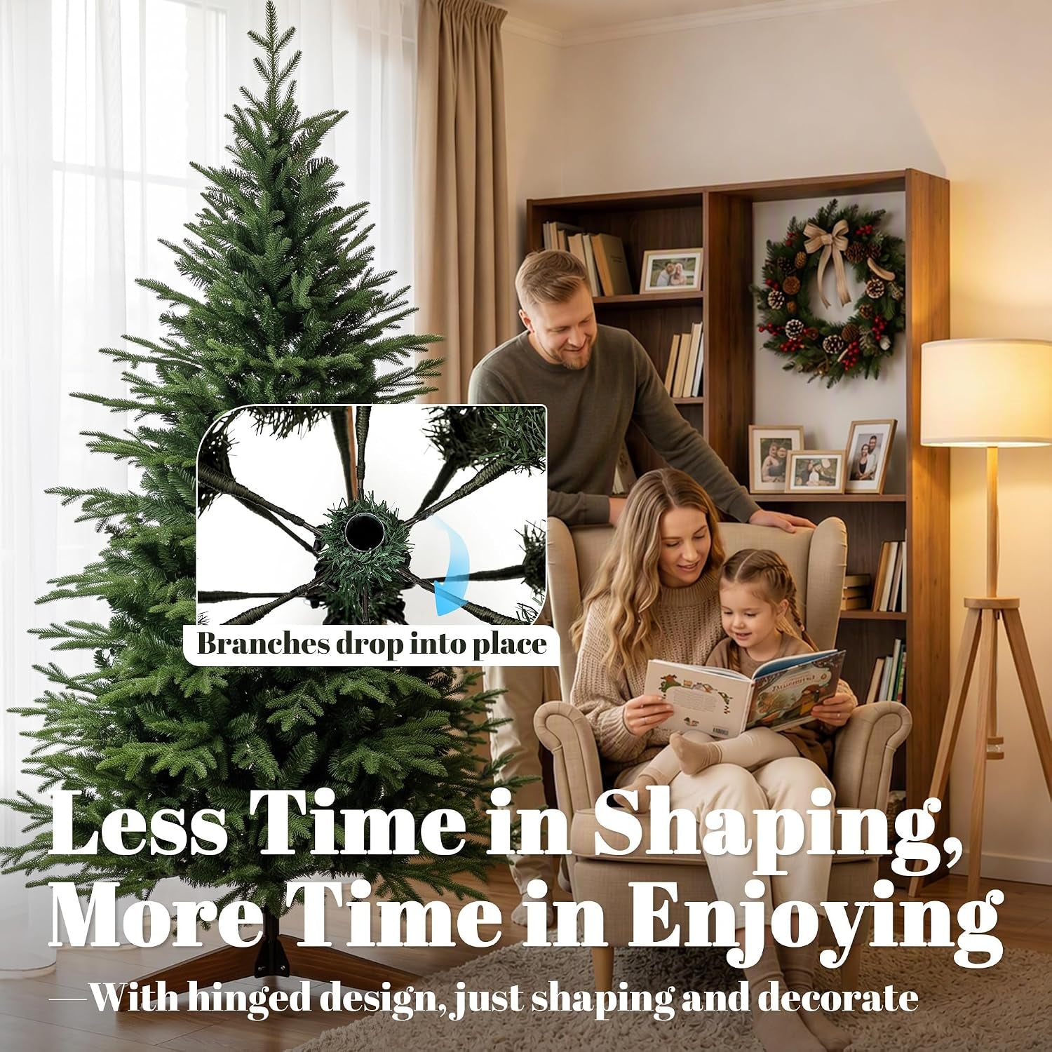 7Ft Artificial Christmas Tree Solid Pine Wood Stand, Green