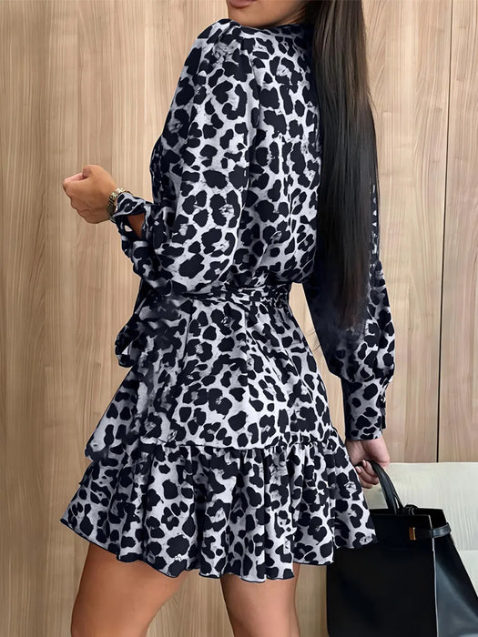 Women's long sleeved bubble sleeve V-neck lace up printed dress
