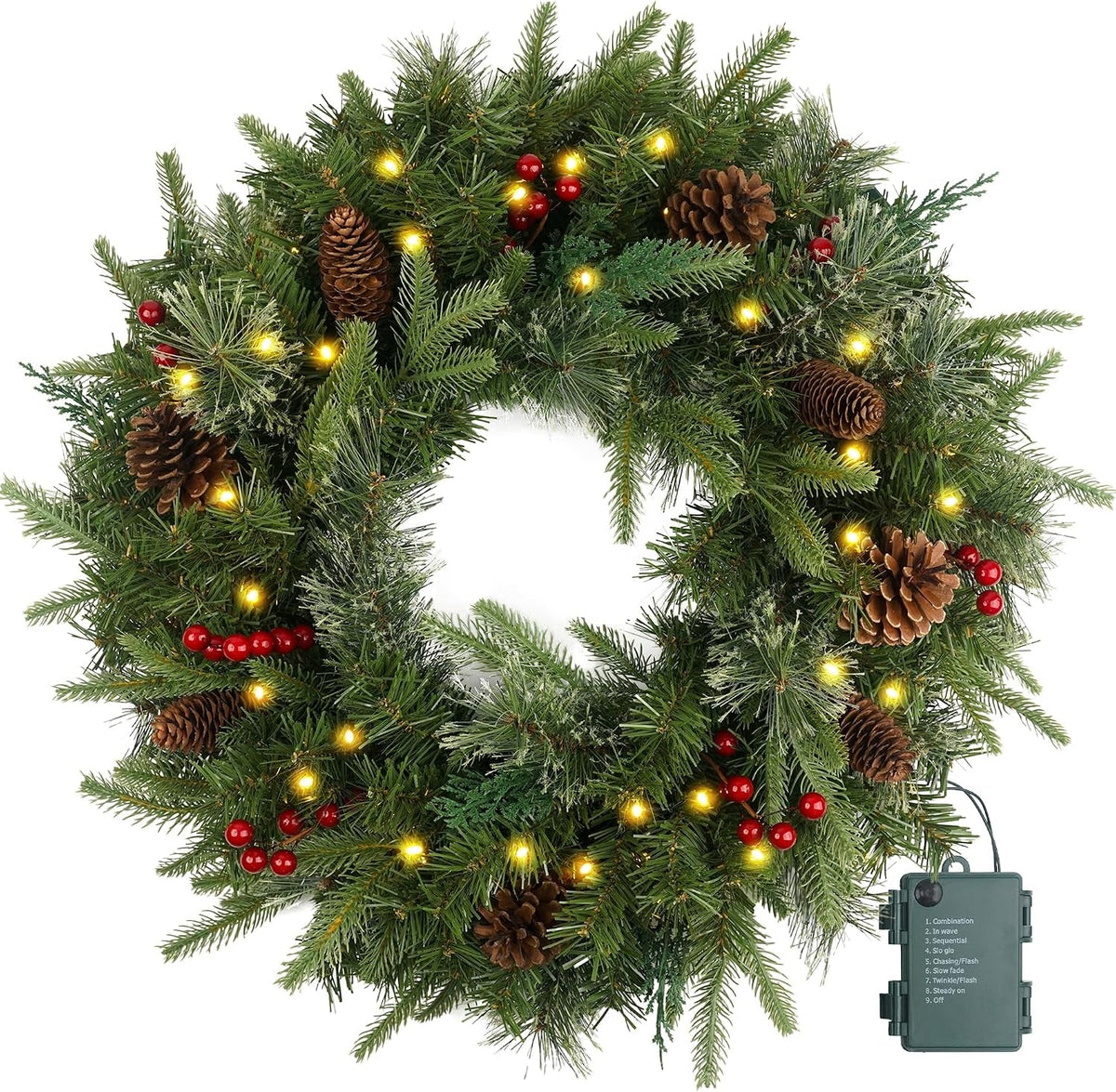Christmas Wreath Pre-Lit 24 Inch with 50 Light & Pine Cone, Artificial Christmas Wreaths for Front Door with Lights, Wreath for Christmas Decoration Door Windows Wall Green