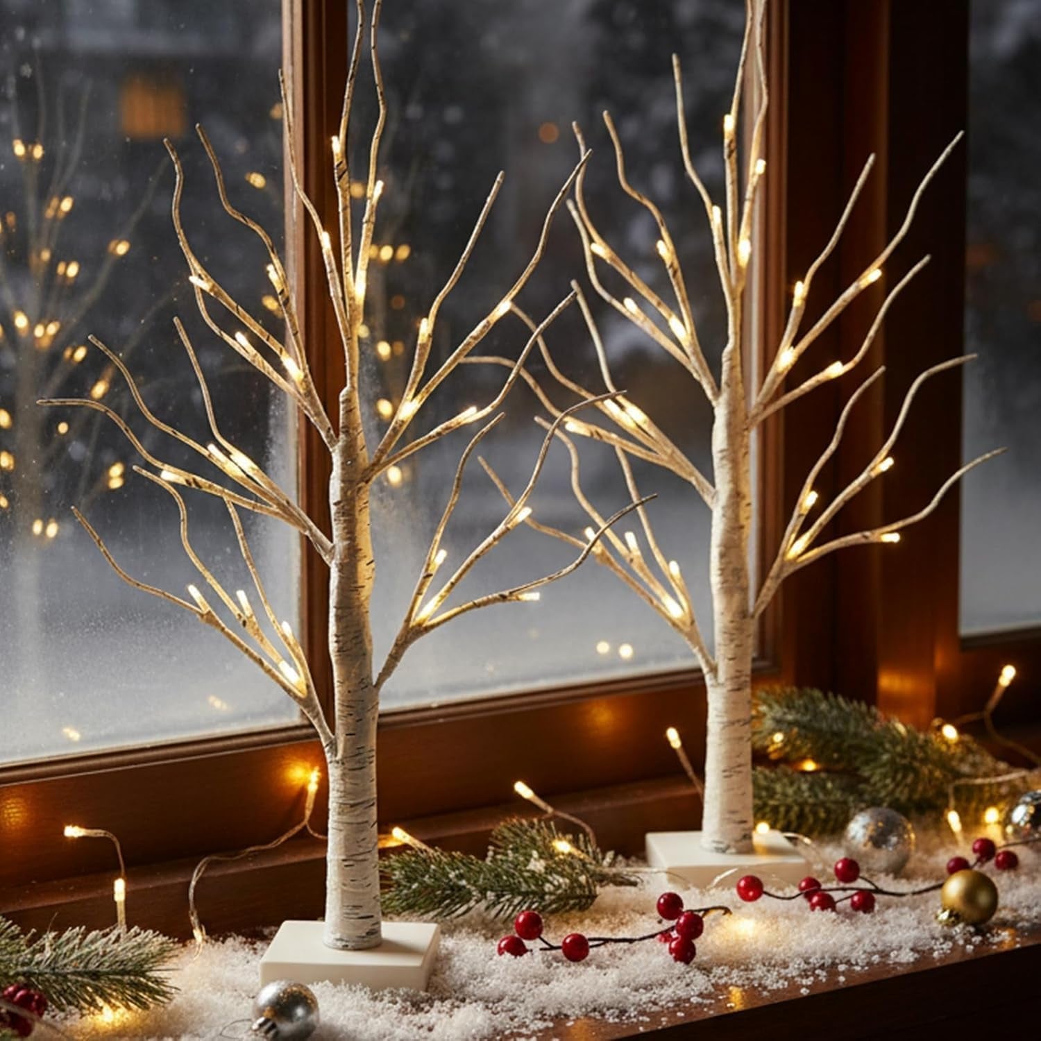 Set of 2- White Christmas Tree with Lights 2FT Tabletop Birch Tree with 24 Warm White Leds Battery Operated Light up Twig Tree for Home Party Wedding Easter Christmas Decoration