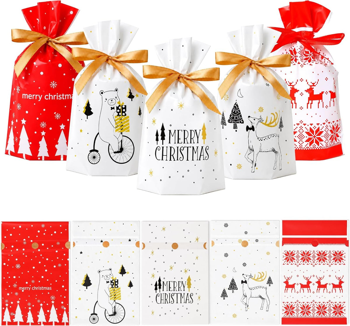 Small Christmas Drawstring Gift Bags for Kids Set – 50 Pack Xmas Drawstring Gift Bags (15X23+3Cm) – 5 Festive Designs – Christmas Gift Bags for Sweet Presents, Party Favors & Wrapping