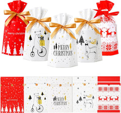 Small Christmas Drawstring Gift Bags for Kids Set – 50 Pack Xmas Drawstring Gift Bags (15X23+3Cm) – 5 Festive Designs – Christmas Gift Bags for Sweet Presents, Party Favors & Wrapping