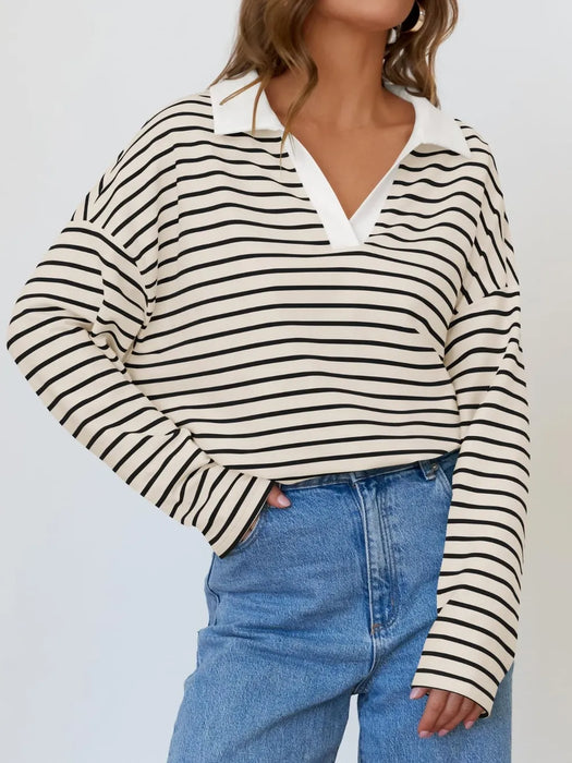 Mandy Striped  Collar Long Sleeve Sweatshirt