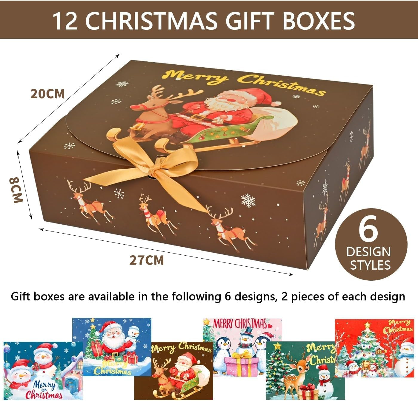 12Pcs Christmas Boxes Gift Boxes with Lids, 27CM X 20CM X 8CM Christmas Kraft Paper Gift Box Snowman Santa Claus Penguin Elk Box with Gold Ribbon for Christma Party Present Packaging