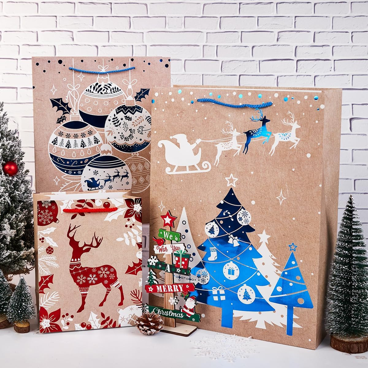 12Pack Christmas Gift Bags Sets,3 Assorted Sizes,4 Design