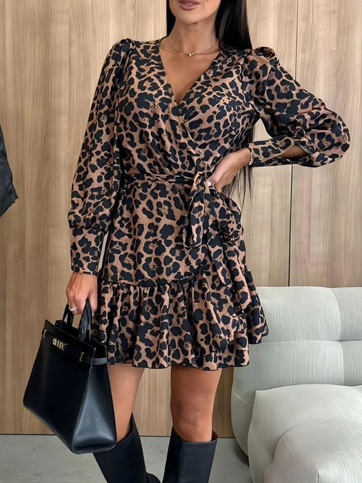 Women's long sleeved bubble sleeve V-neck lace up printed dress