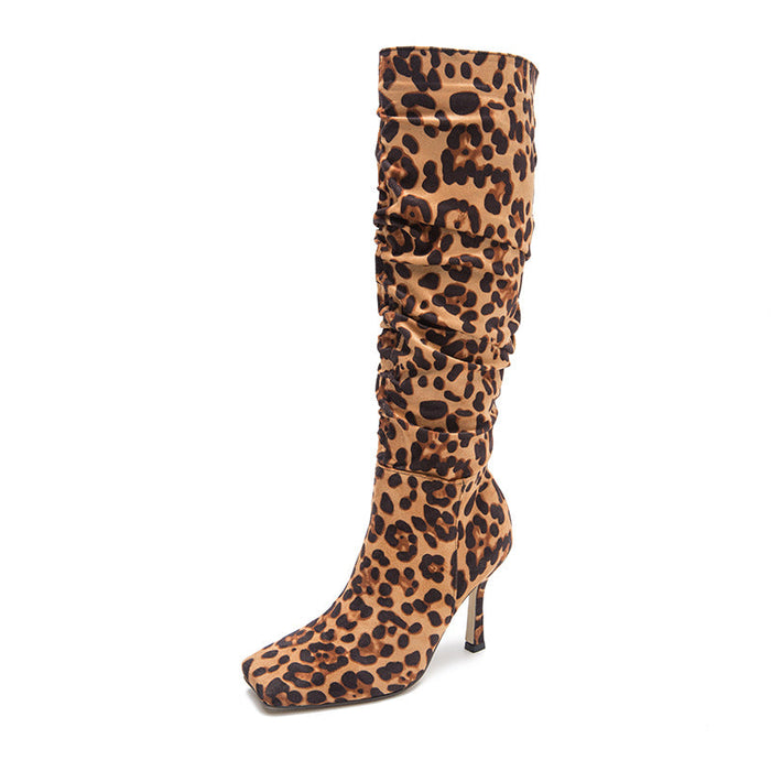 Leopard Print High-Heeled Boots Square Head Thin Heel Boots
