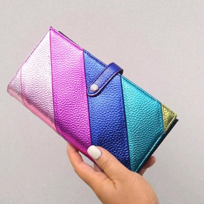 Women'S Fashion Elegant PU Leather Long Wallet Colorful Stripe Stitching Zipper Pocket Card Holder, Bifold