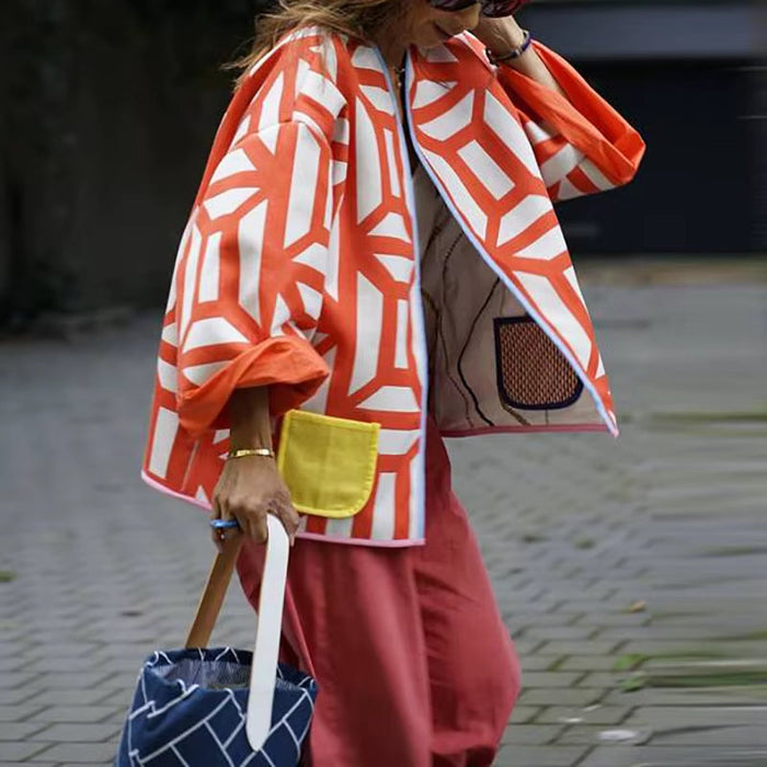Autumn Winer Women Coat Geometric Print Casual Jackets for Women Fashion Long Sleeve Outerwear
