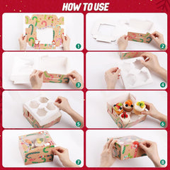 12Pcs Christmas Cup Cake Boxes,  16 * 16 * 7.5Cm Gift Boxes with Window+Rope+Gift Tag Gift Box Baking Packaging Christmas Tree Santa Claus DIY Snack Candy Cookies Food Box for Xmas Party Bakery