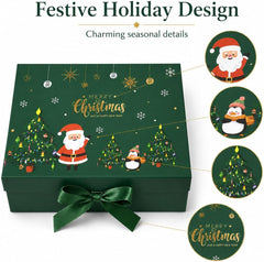 Luxury Magnetic Gift Box with Attached Lid & Ribbon – Foldable Reusable Holiday Packaging with Festive Designs (Green Santa Scene (Santa & Snowman with Christmas Tree), Medium)