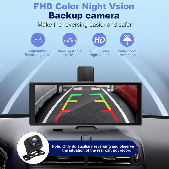 Portable Car Stereo,For Wireless Apple Carplay & Android Auto,10.26 Inch 1080P HD Touch Screen Radio with BT 5.0, Mirror Link Support Truck RV Dash Mount (10.26 Inch+Dual - Camera)