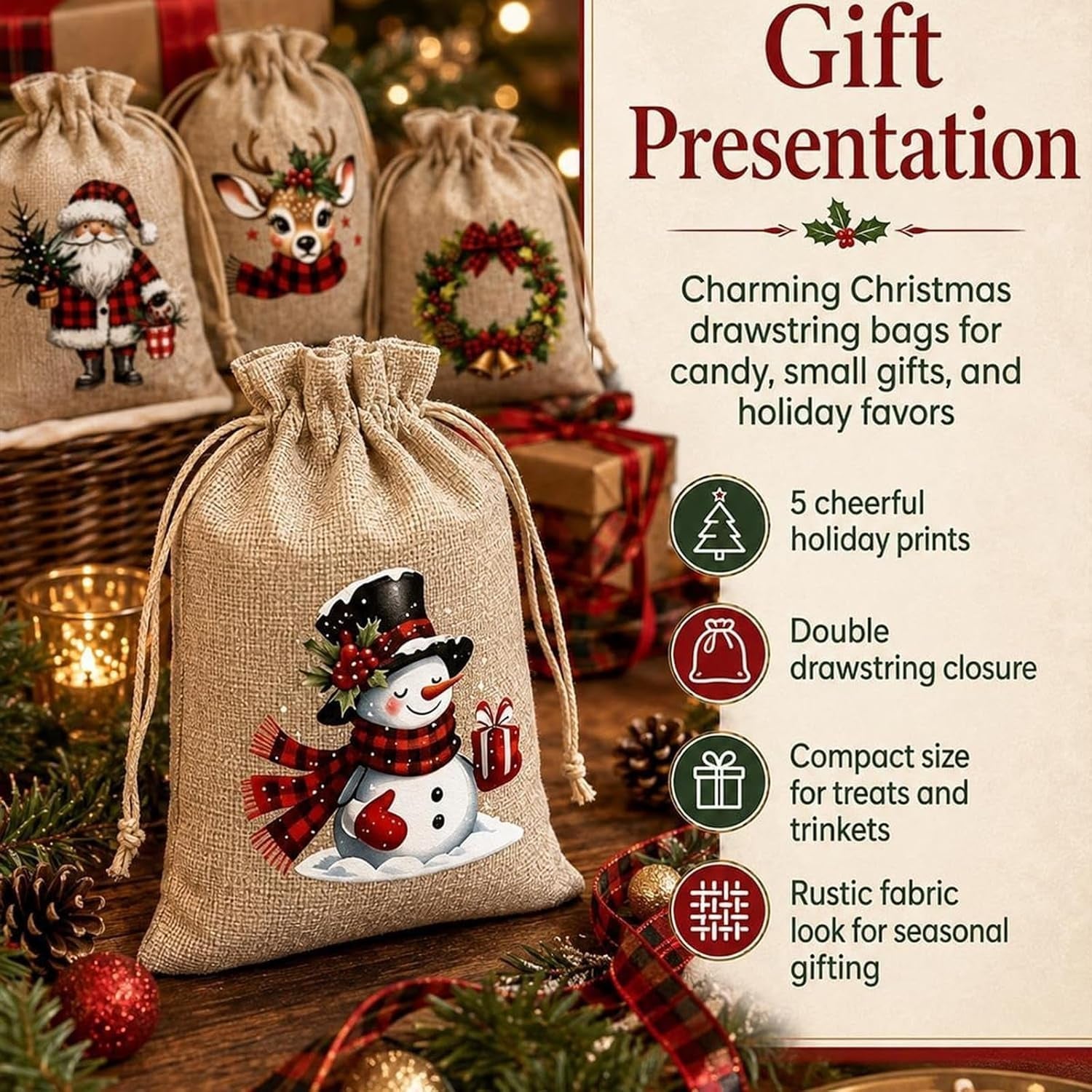 Christmas Drawstring Gift Bags-Santa & Reindeer Polyester Pouches，5Pc