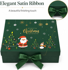 Luxury Magnetic Gift Box with Attached Lid & Ribbon – Foldable Reusable Holiday Packaging with Festive Designs (Green Santa Scene (Santa & Snowman with Christmas Tree), Medium)