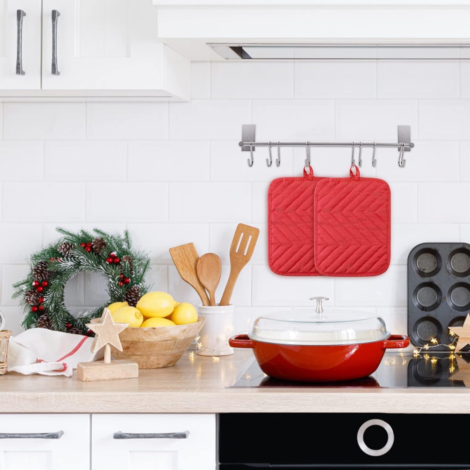 R HORSE 6Pcs Christmas Red Pot Holders with Pocket for Kitchen Cotton
