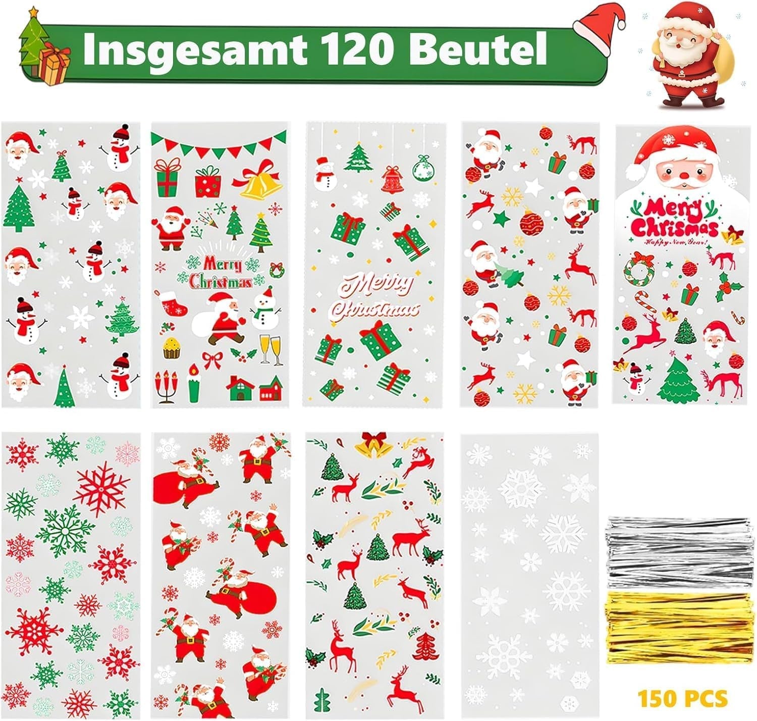 120 Pcs Christmas Cellophane Bags, Clear Treat Bags with Twist Ties