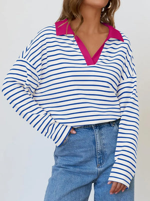 Mandy Striped  Collar Long Sleeve Sweatshirt