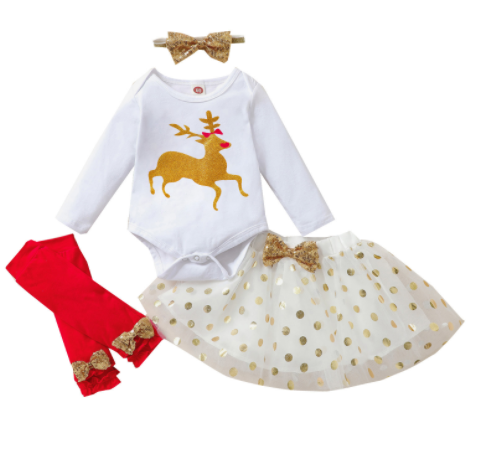 0-18M Newborn Infant Baby Girl 4Pcs Christmas Outfits Reindeer Long Sleeves Romper Tutu Skirt Leg Warmer Headband