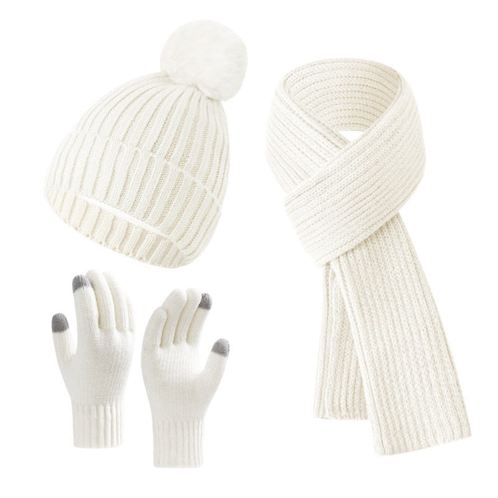 Solid Color Woven Hat Scarf And Gloves Warm Set