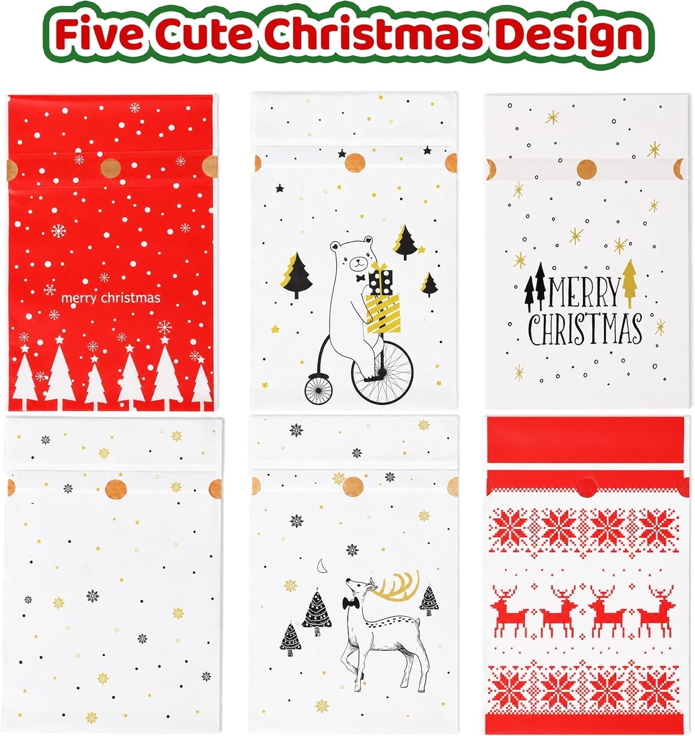 Small Christmas Drawstring Gift Bags for Kids Set – 50 Pack Xmas Drawstring Gift Bags (15X23+3Cm) – 5 Festive Designs – Christmas Gift Bags for Sweet Presents, Party Favors & Wrapping