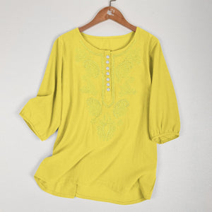 Artistic Retro Loose Design Embroidered Crew Neck Thin Cotton And Linen Women's Top