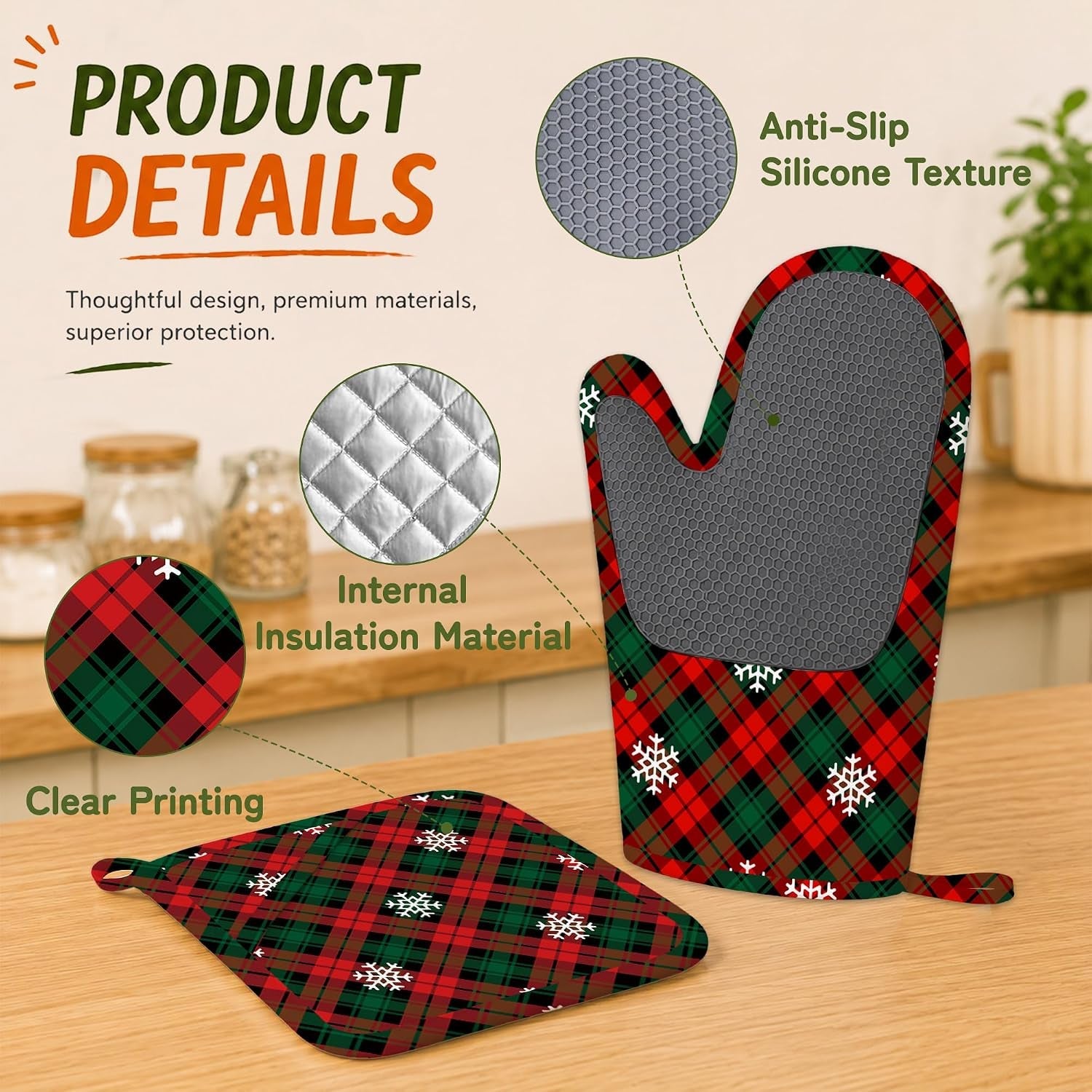 Oven Mitts and Pot Holders Red Green Plaids Silicone Kitchen Accessories Set of 4 Heat Resistant Gloves Retro Christmas Plaid Potholder Non-Slip Grip for Chef Cooking Baking Grilling BBQ