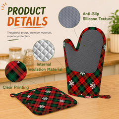 Oven Mitts and Pot Holders Red Green Plaids Silicone Kitchen Accessories Set of 4 Heat Resistant Gloves Retro Christmas Plaid Potholder Non-Slip Grip for Chef Cooking Baking Grilling BBQ