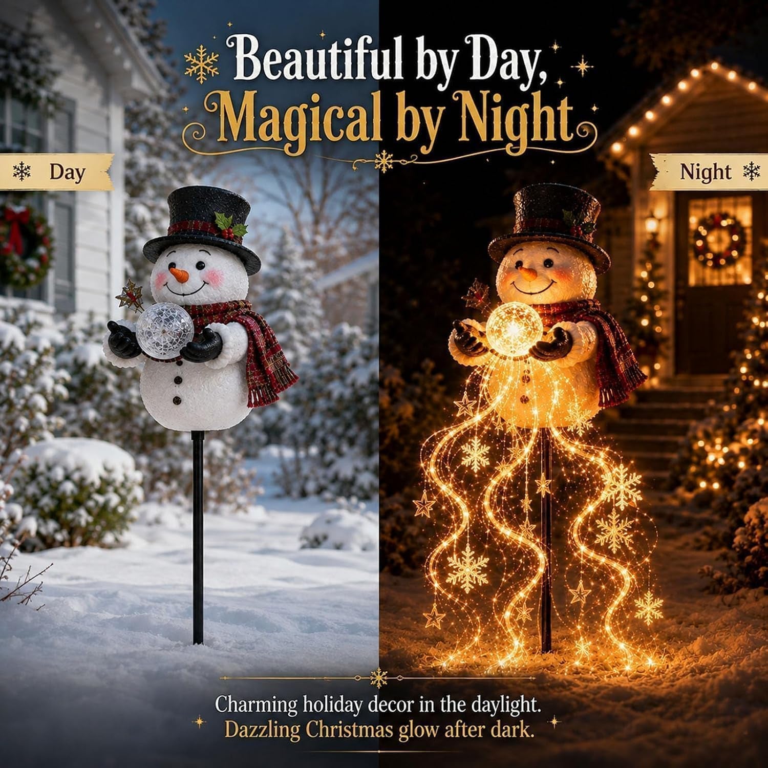 Christmas Decorations, Snowman Magic Fountain Flowing Snowflake Outdoor Christmas Lights with Cascading Stars Light for Garden Porch