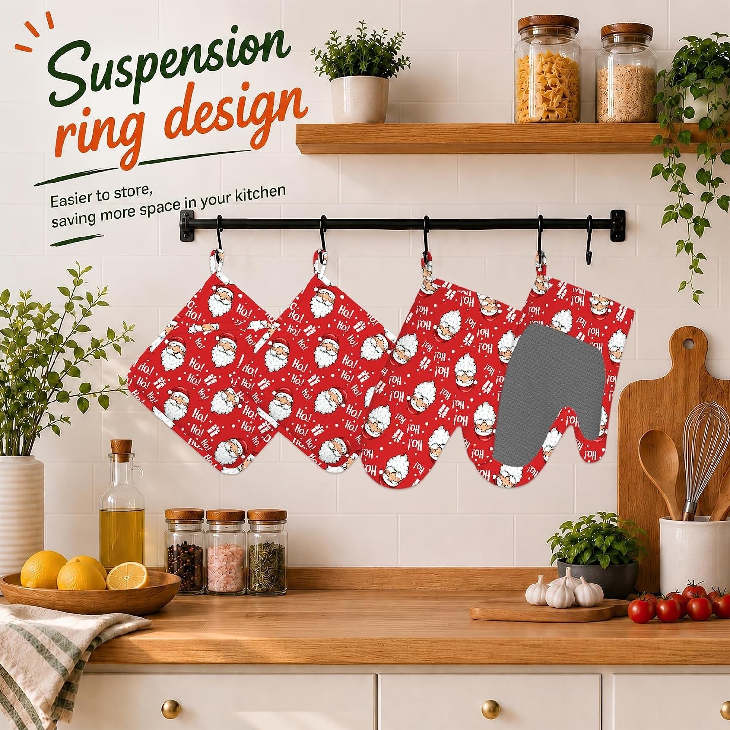 Santa Claus Oven Gloves Heat Resistant,Christmas Oven Mitts and Pot Holder Kitchen Non-Slip Silicone Cooking Microwave Gloves for Cooking Baking Grilling