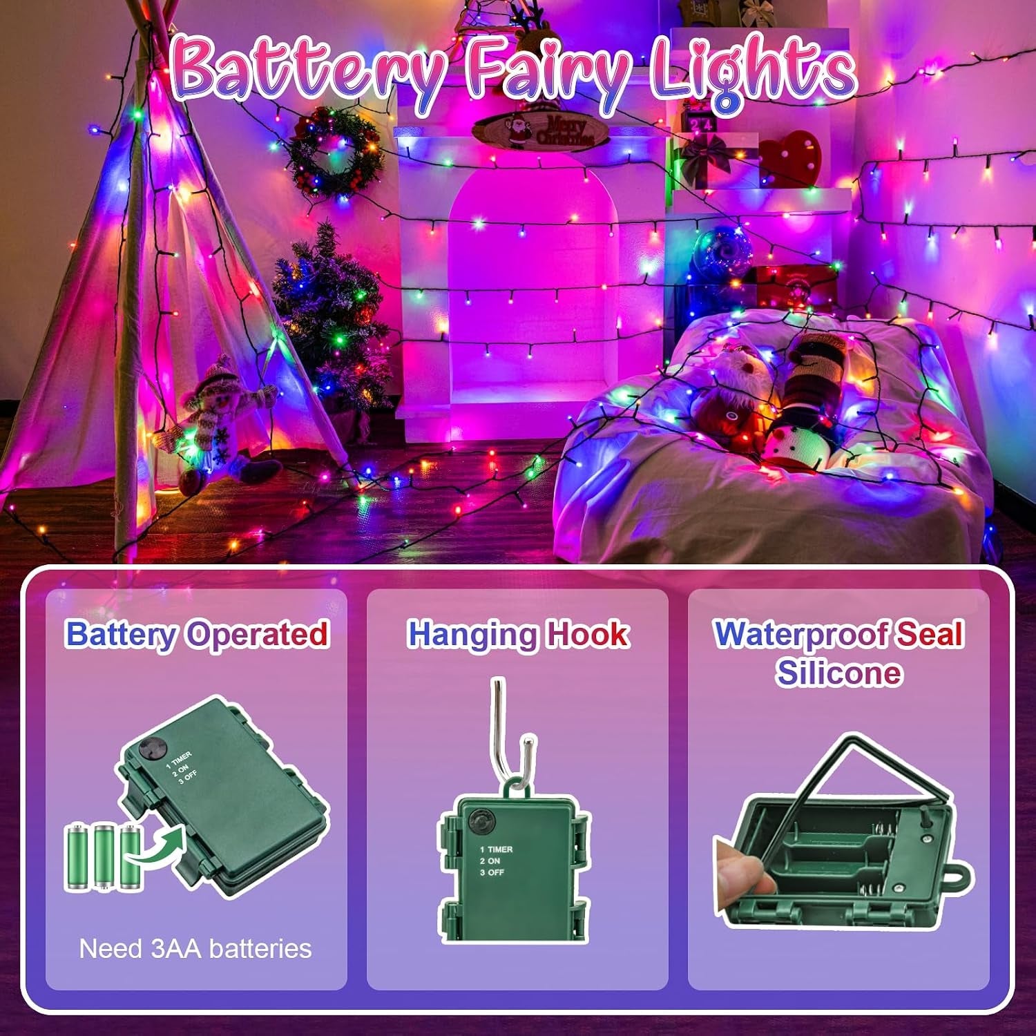 Fairy Lights Battery Operated 5M 50Leds 2Pack, Multicoloured Battery Fairy Lights with Timer, Waterproof for Garden Christmas Bedroom Indoor Outdoor Xmas Tree Decorations