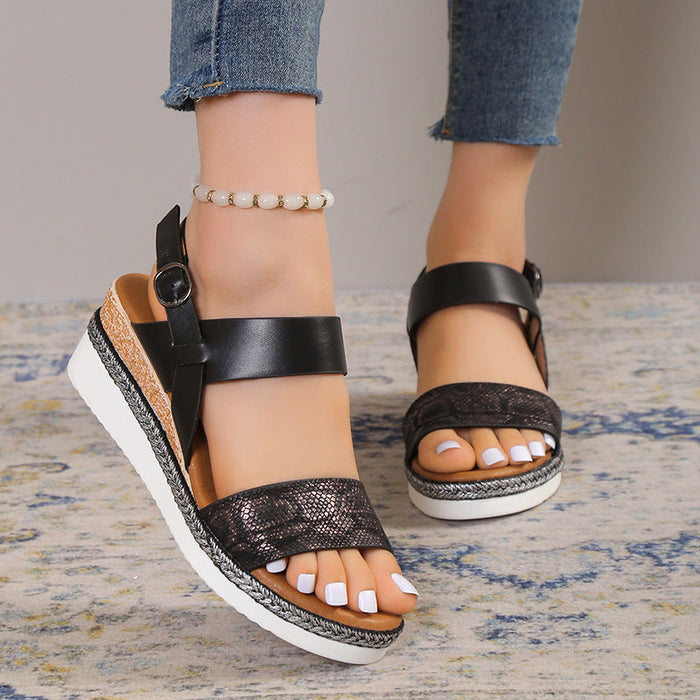 Spring And Summer New Wedge Round Toe Wide Strap Sandals For Women