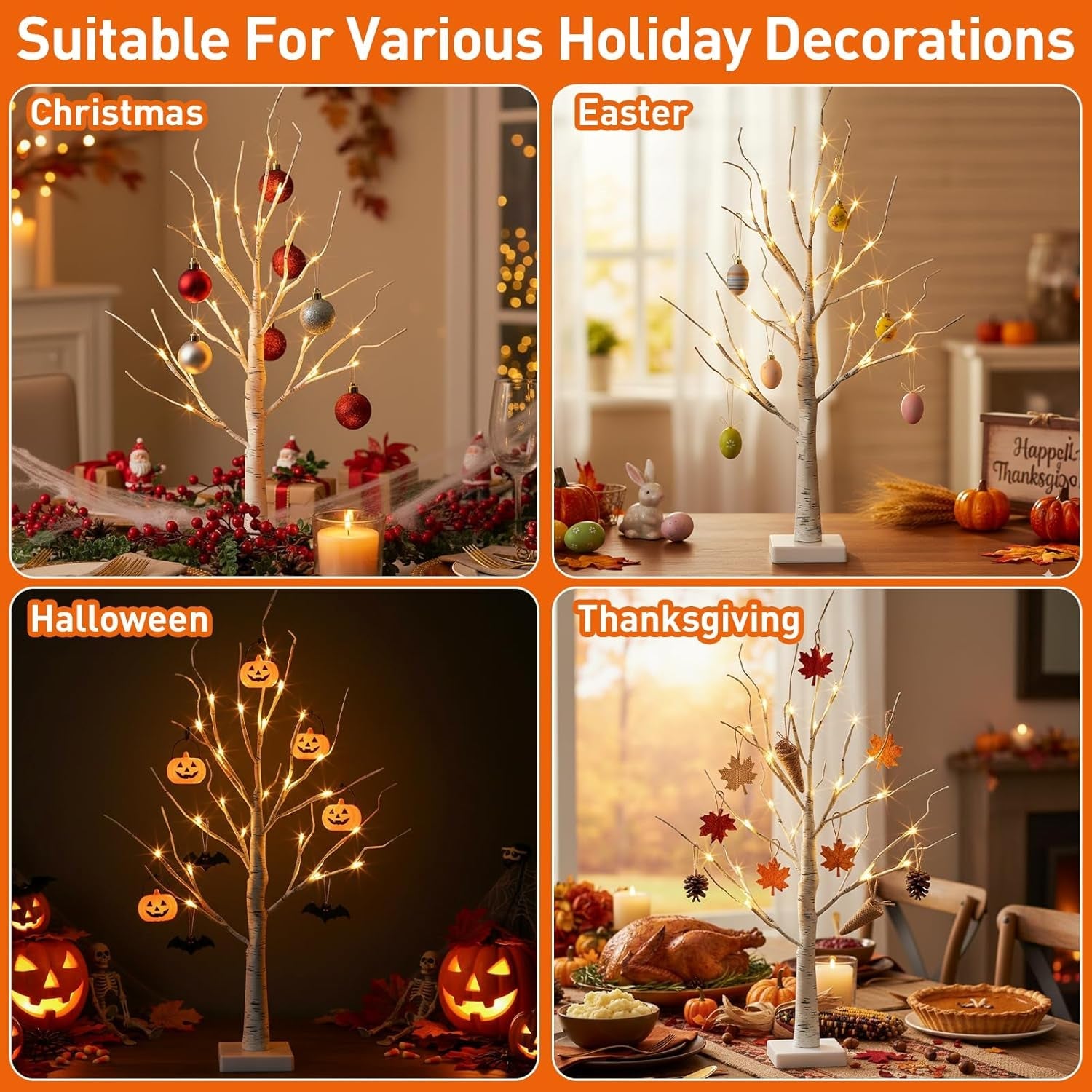 Set of 2- White Christmas Tree with Lights 2FT Tabletop Birch Tree with 24 Warm White Leds Battery Operated Light up Twig Tree for Home Party Wedding Easter Christmas Decoration