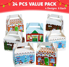 24 PCS 3D Christmas House Cardboard Treat Boxes for Holiday Xmas Goody Gift, Goodie Paper Boxes, School Classroom Party Favor Supplies, Candy Treat Cardboard Cookie Boxes