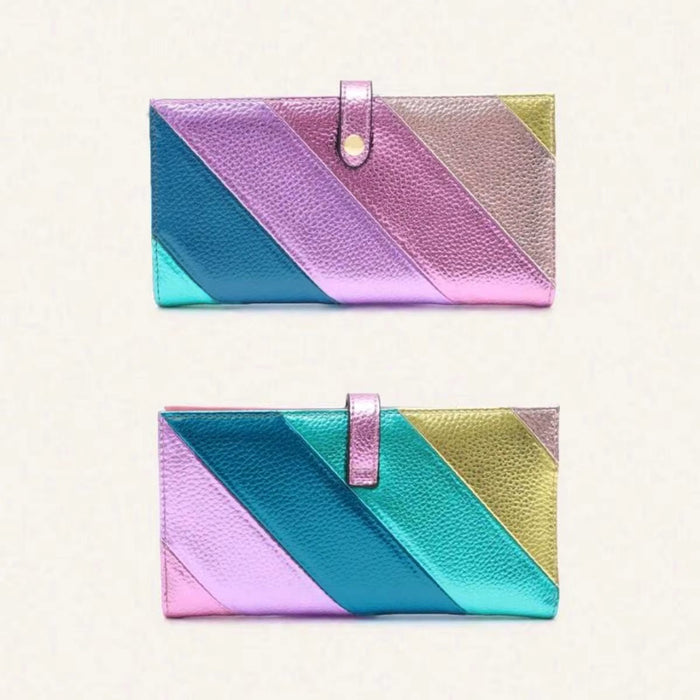 Women'S Fashion Elegant PU Leather Long Wallet Colorful Stripe Stitching Zipper Pocket Card Holder, Bifold