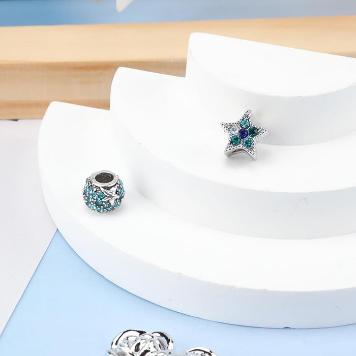 Silver Charms for Bracelets - Summer Ocean Sea Star Pendant with DIY Cube Zirconia Beads, Fashion Jewelry Suitable for Pandora Bracelet Making, DIY Gifts for Women and Girls 2PCS