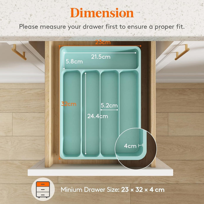 Cutlery Drawer Organiser, Plastic Cutlery Tray for Kitchen Drawer, Utensil Flatware Silverware Holder Divider for Spoons Forks Knives Tableware, 5 Compartment, Turquoise