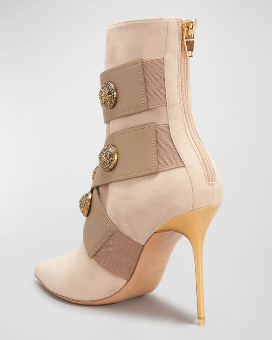 Gold Round Badge Short Boots Pointed Toe Metal Stiletto Heels